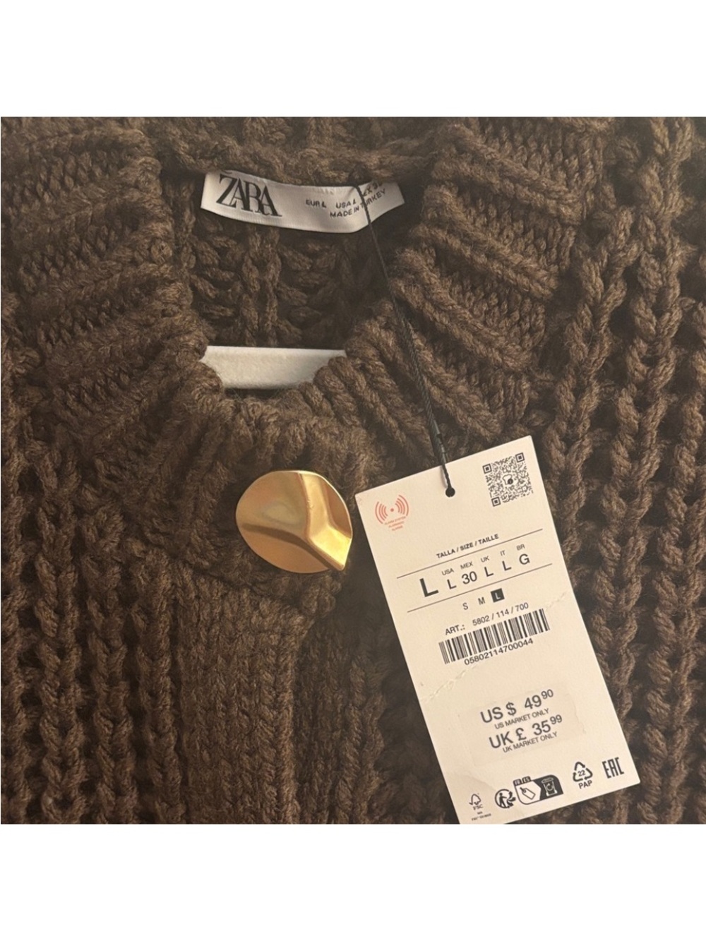 Zara Dark Brown Chunky Knit Sleeveless Cardigan with Gold Buttons - Picture 3 of 3